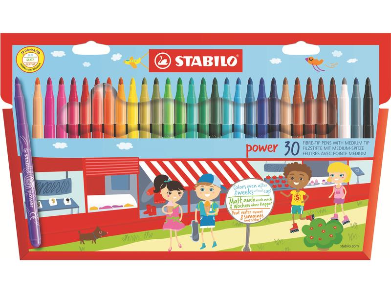 STABILO Fasermaler Power, 30 Stück Filzstifte mit intensiver Farbabgabe