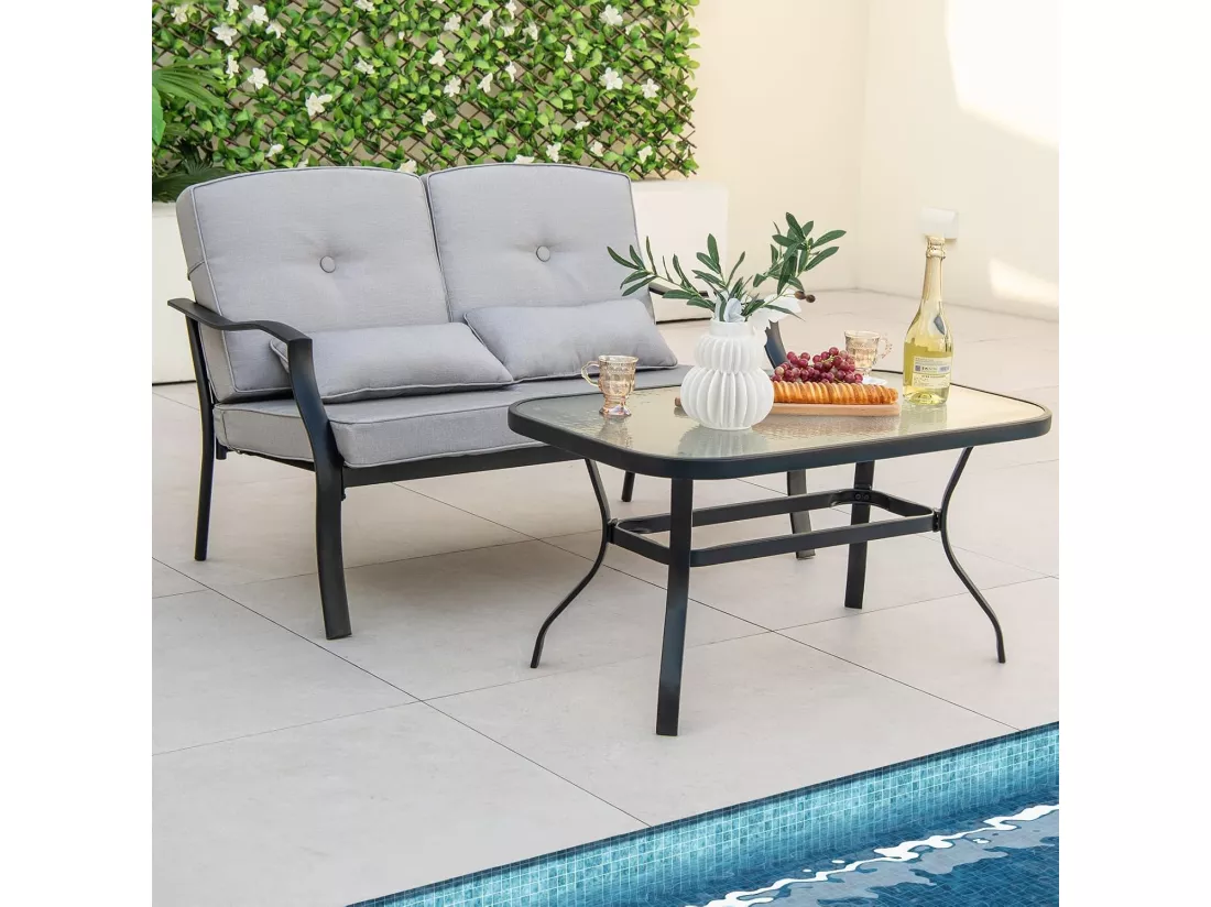 Salon de Jardin 4 Pièces avec Table Basse en Verre Trempé et Coussins Charge 300KG, Ensemble de Canapés de Terrasse avec Cadre Métallique 4 Places, pour Patio Balcon Terrasse