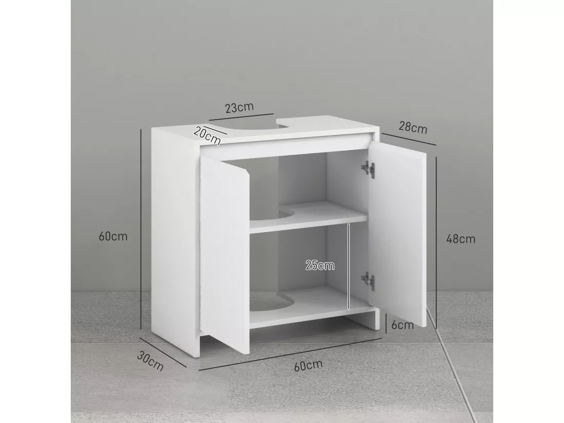 Meuble sous vasque design contemporain 2 portes étagère dim. 60L x 30l x 60H cm blanc