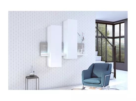 Composition murale BERGAME – 152 cm – Blanc et effet béton – LED intégrées – Design moderne