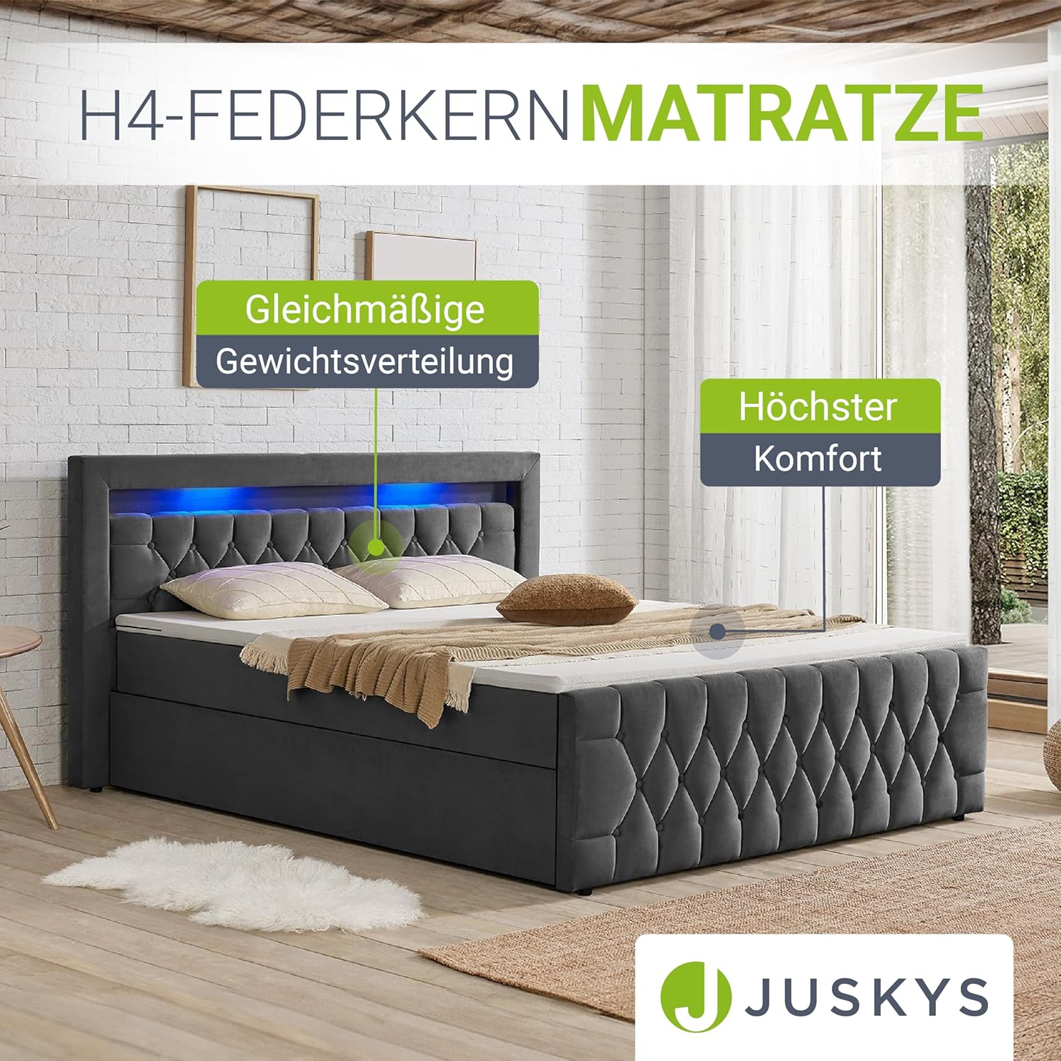 Juskys Boxspringbett Leona 140x200 cm - Bett mit LED Beleuchtung, Topper & H4 Federkern Matratzen - Einzelbett Grau mit Samt und Steppung