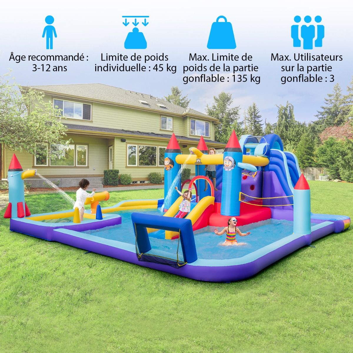 Château Gonflable à Toboggans Aquatiques Thème de La Fusée pour Enfants Piscine Zone de Saut Pistolet à Eau Escalade Souffleur de 850 W Multicolore - Lidl-Manfred