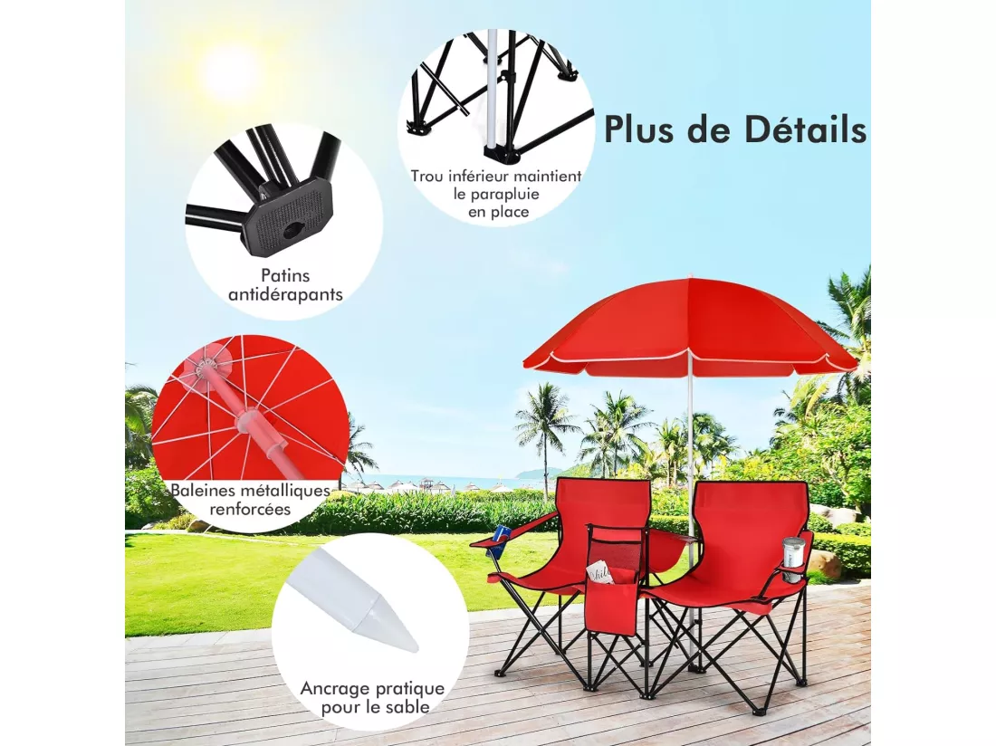 Chaise de CamBoisg Pliante, Chaise d'extérieur Portable avec Glacière et Parasol, Chaise de Plage à 2 Places avec Porte-gobelet et Sac de Transport, Charge120 KG, pour Randonnée, Pêche(Rouge)