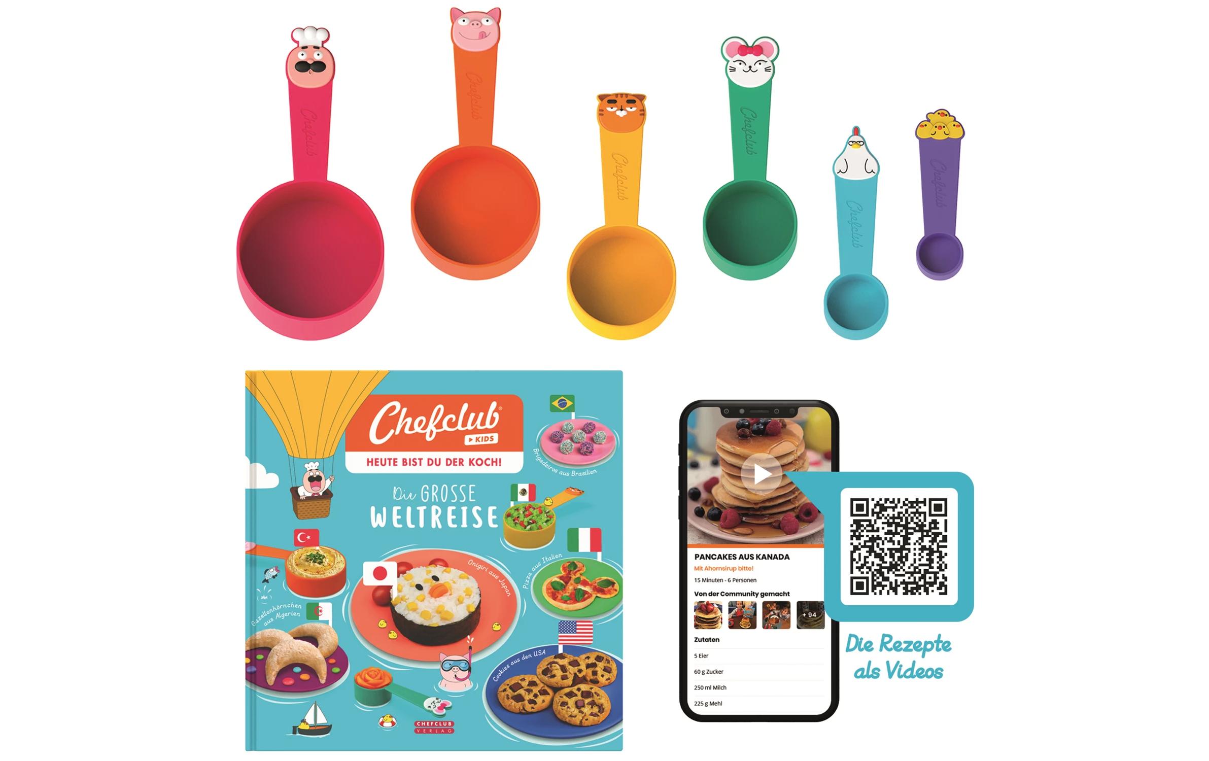 Rezeptbuch Die grosse Weltreise 6er Set, MehrfarbigMessbecher-Set mit Rezeptbuch