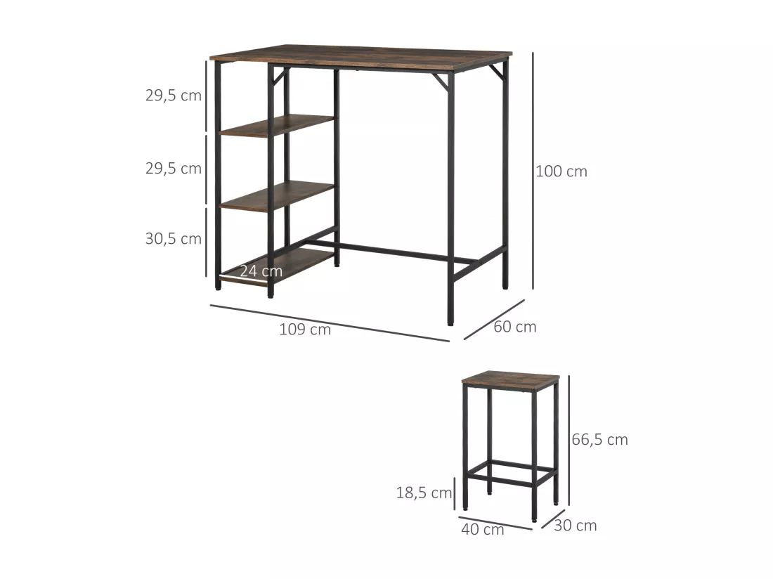 Ensemble table de bar 3 étagères 2 tabourets style industriel métal noir aspect vieux bois veinage