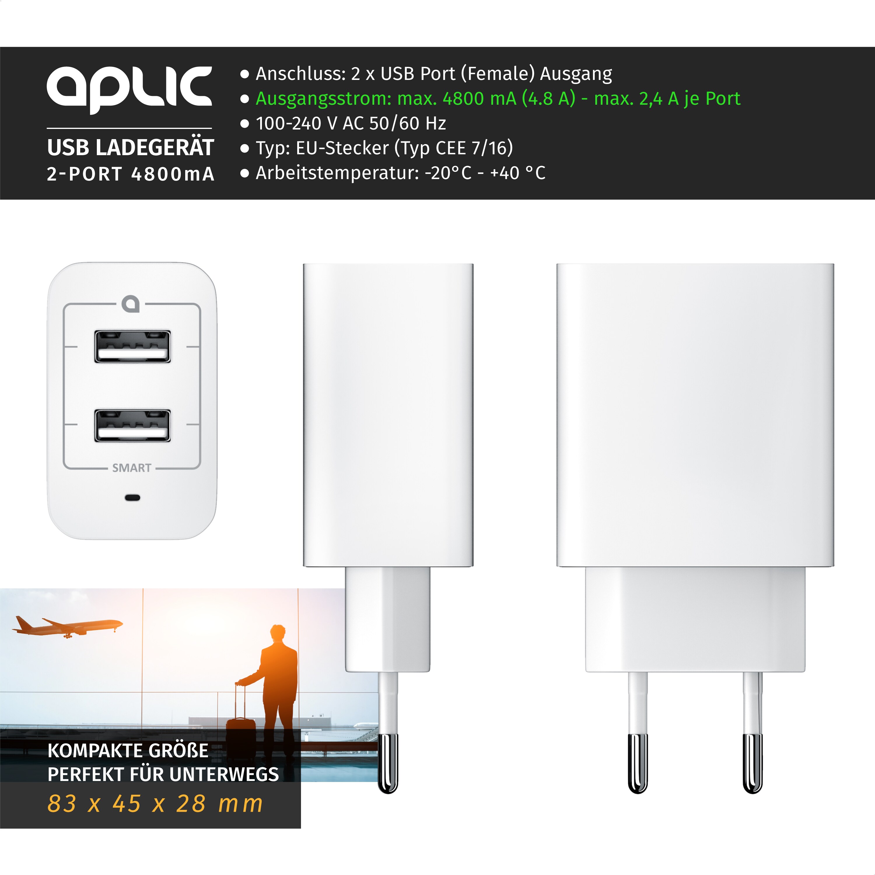 Aplic USB-Ladegerät 4800 mA, 2-Port Netzteil für Handy/Smartphone/Tablet, 4800mA - 2400mA je Port