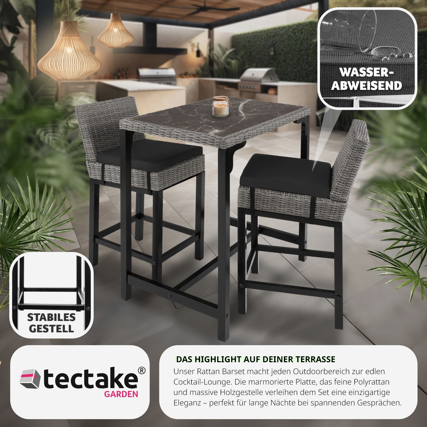 Rattan Tisch Kutina mit 2 Stühlen Latina