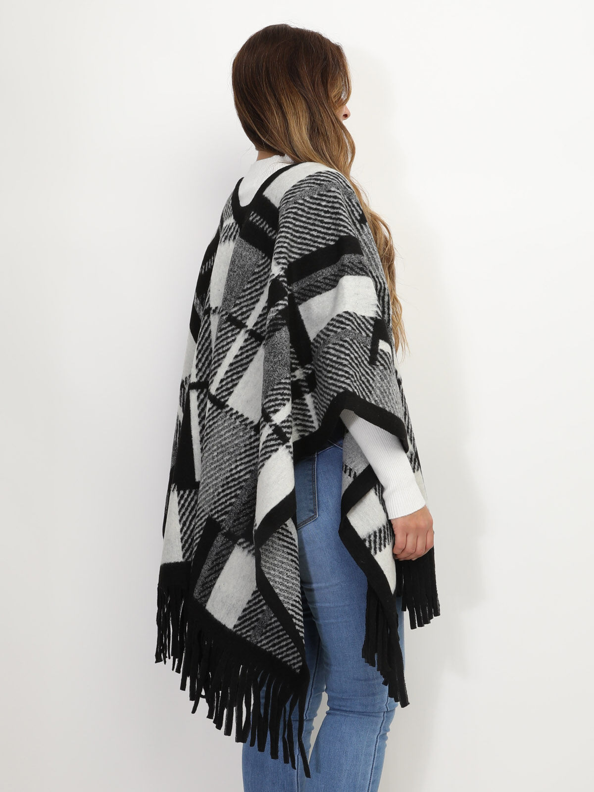Poncho à franges motif tartan- Noir