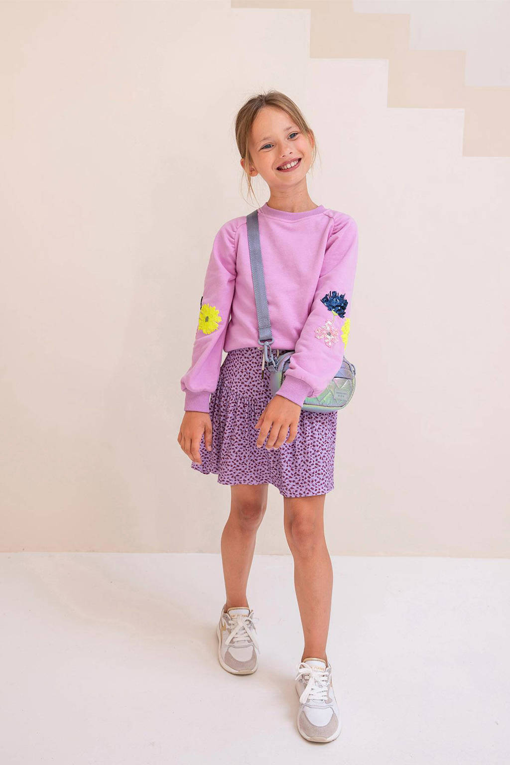 Like Flo rok met all over print en plooien lila/paars
