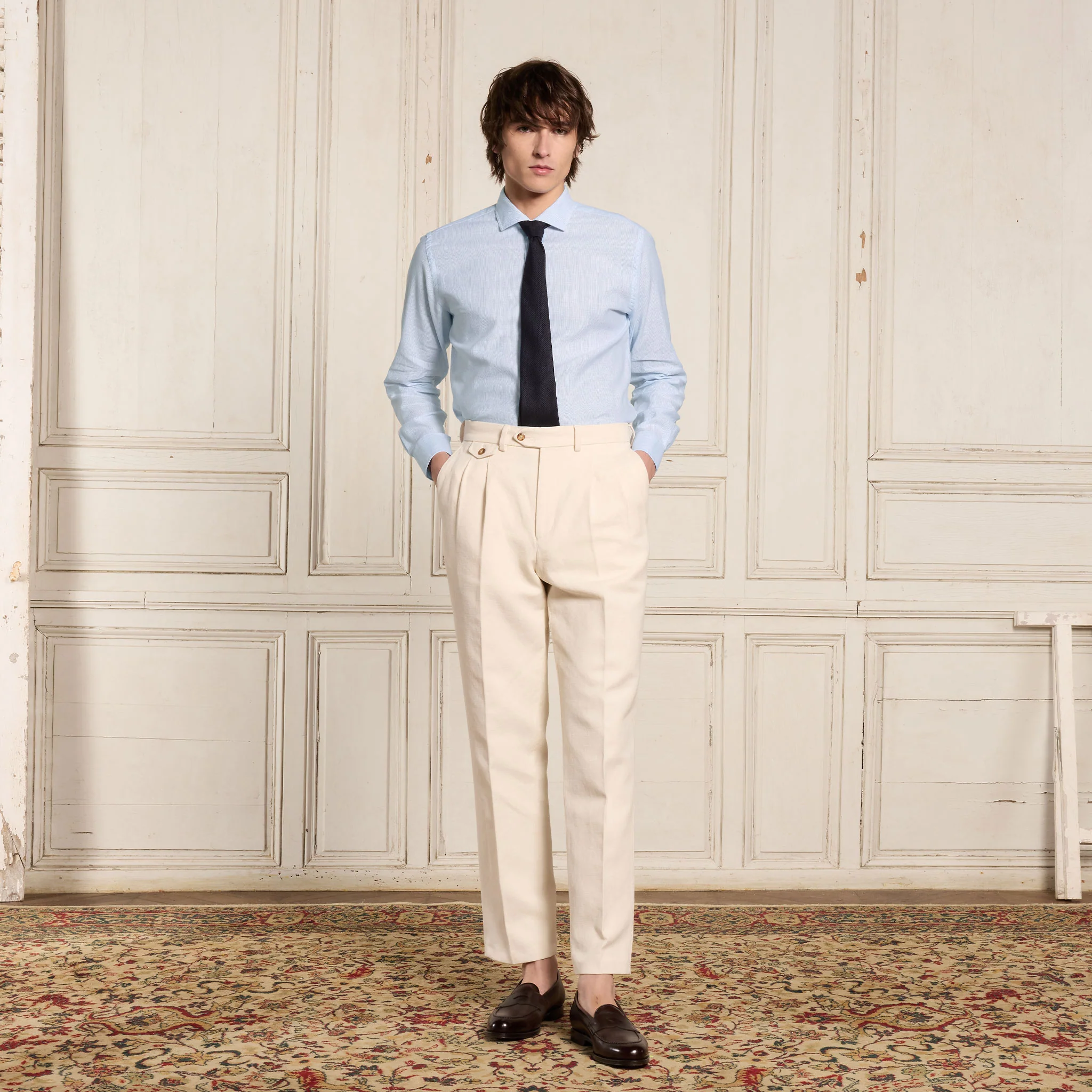 Blue micro-striped cotton and linen shirt