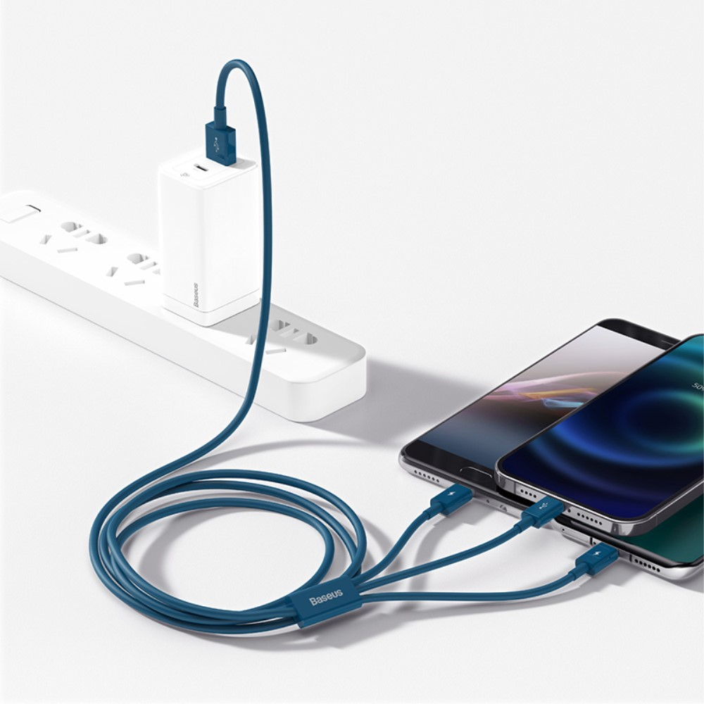 (1.5m) 3.5A 3in1 USB A auf USB C / Lightning / Micro USB Ladekabel Datenkabel - Blau