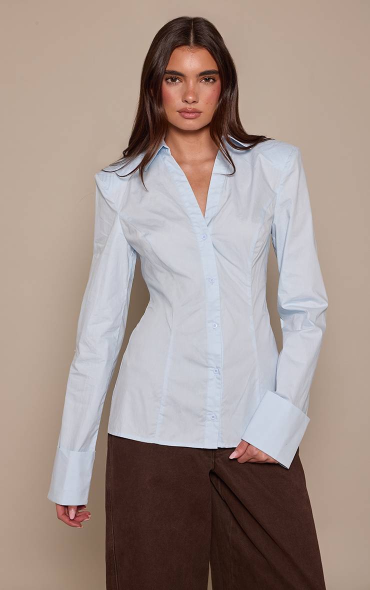 Bleu Clair Chemise En Coton À Épaulettes Et Détail De Poignets Froncés