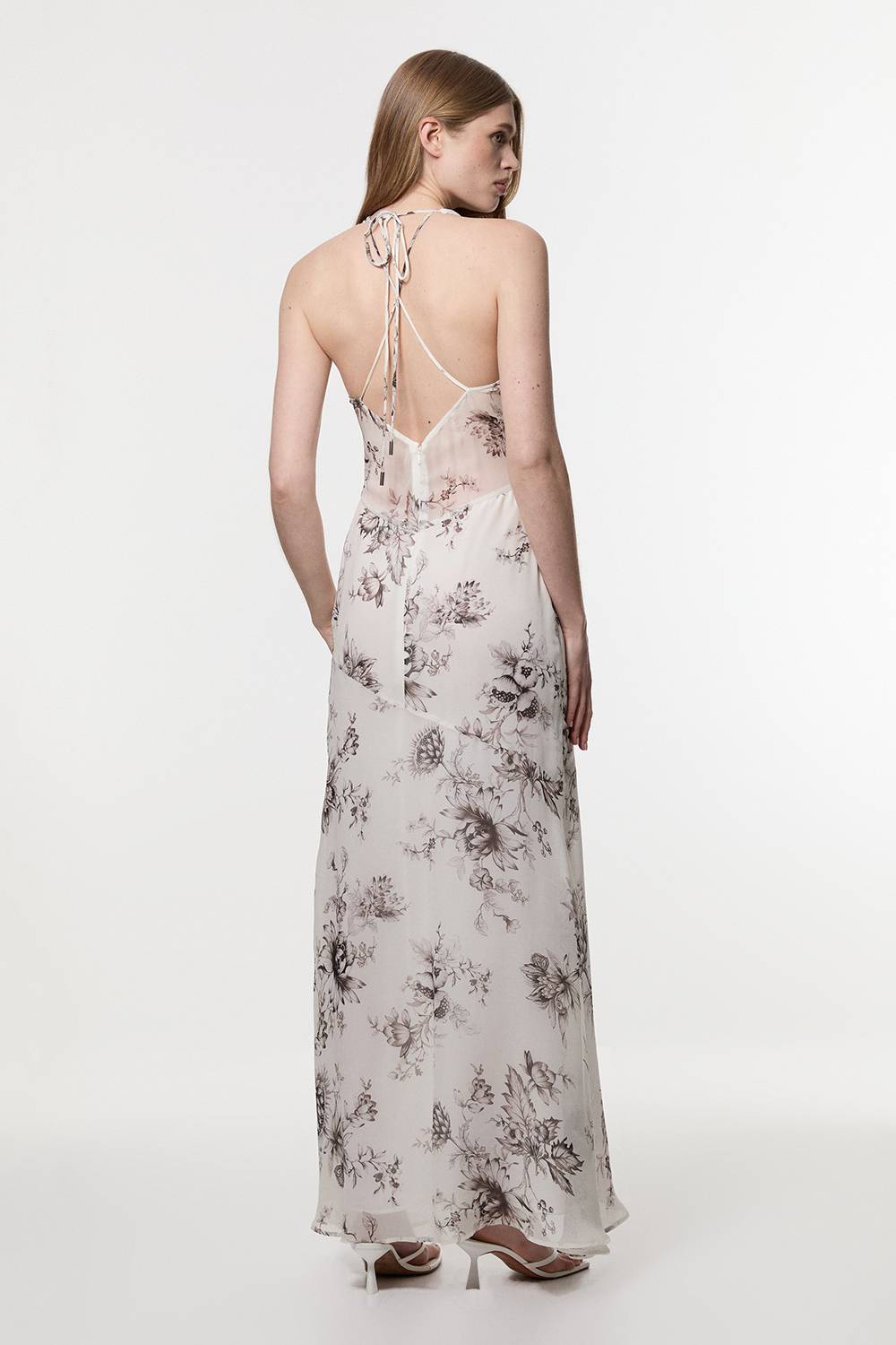 KarenMillen Robe en viscose georgette transparente à imprimé floral esquissé, décolleté en V profond, encolure halter, tissée.