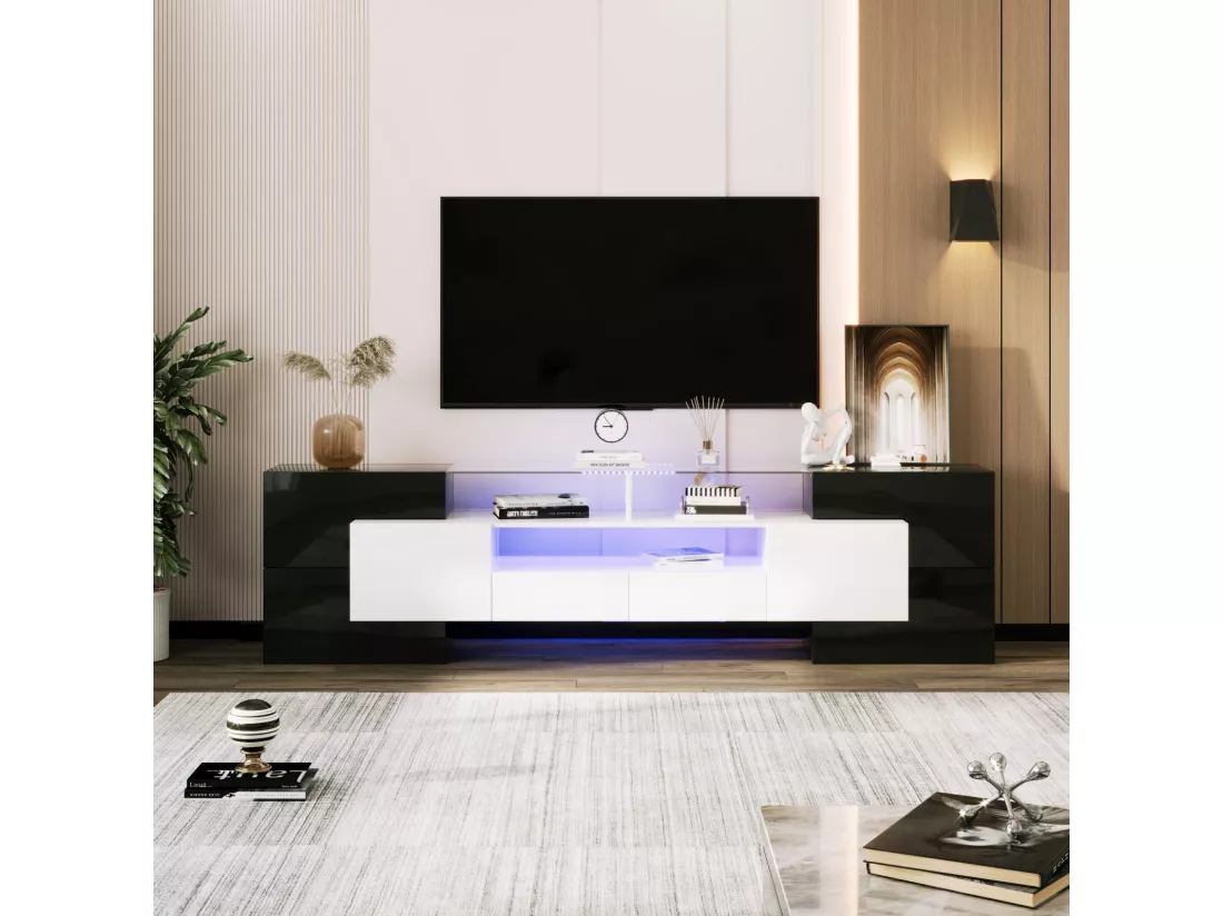 Meuble TV - 200x38x48cm - Blanc et noir brillant - 4 portes, 2 tiroirs, 3 compartiments