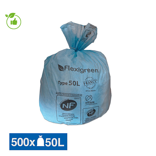 Sac poubelle bleu Flexigreen 50 L, lot de 500