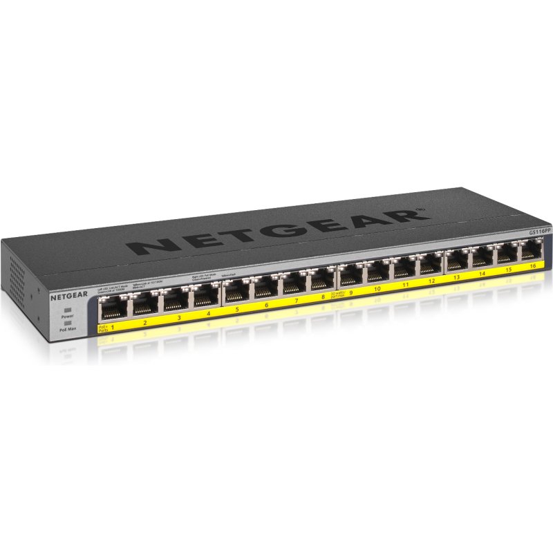NETGEAR GS116PP Non-géré Gigabit Ethernet (10/100/1000) Connexion Ethernet, supportant l'alimentation via ce port (PoE) Noir