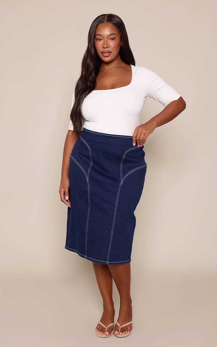 Bleu Indigo Jupe Midi En Denim Grande Taille Avec Détails De Coutures Contrastées