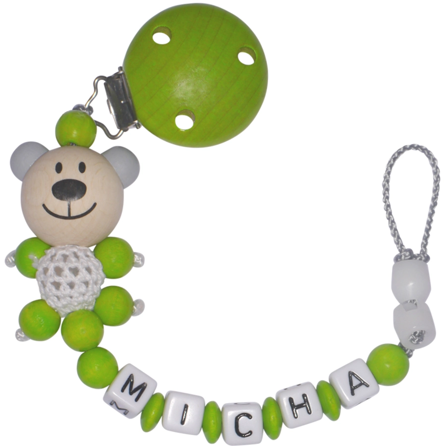 Schnullireich Schnullerkette mit Namen Häkelbär Grün
