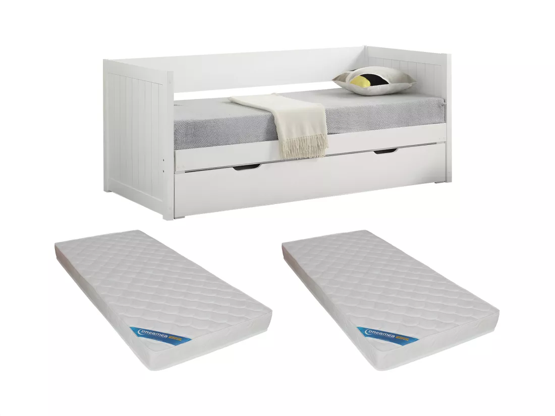 Lit gigogne banquette 90 x 190 ou 174 x 190 cm - Avec sommier peigne et tiroir - Pin et MDF - Blanc + matelas - ALFIERO II