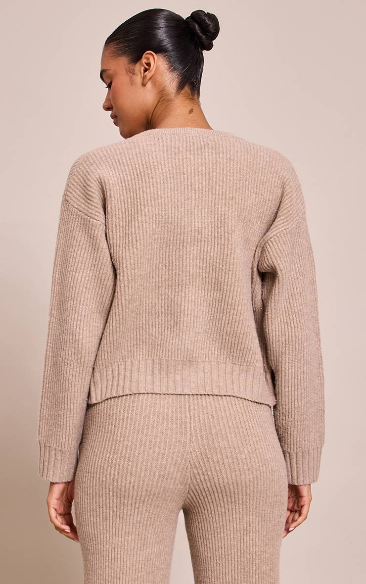 Taupe Cardigan Zippé En Maille Côtelée Brossée