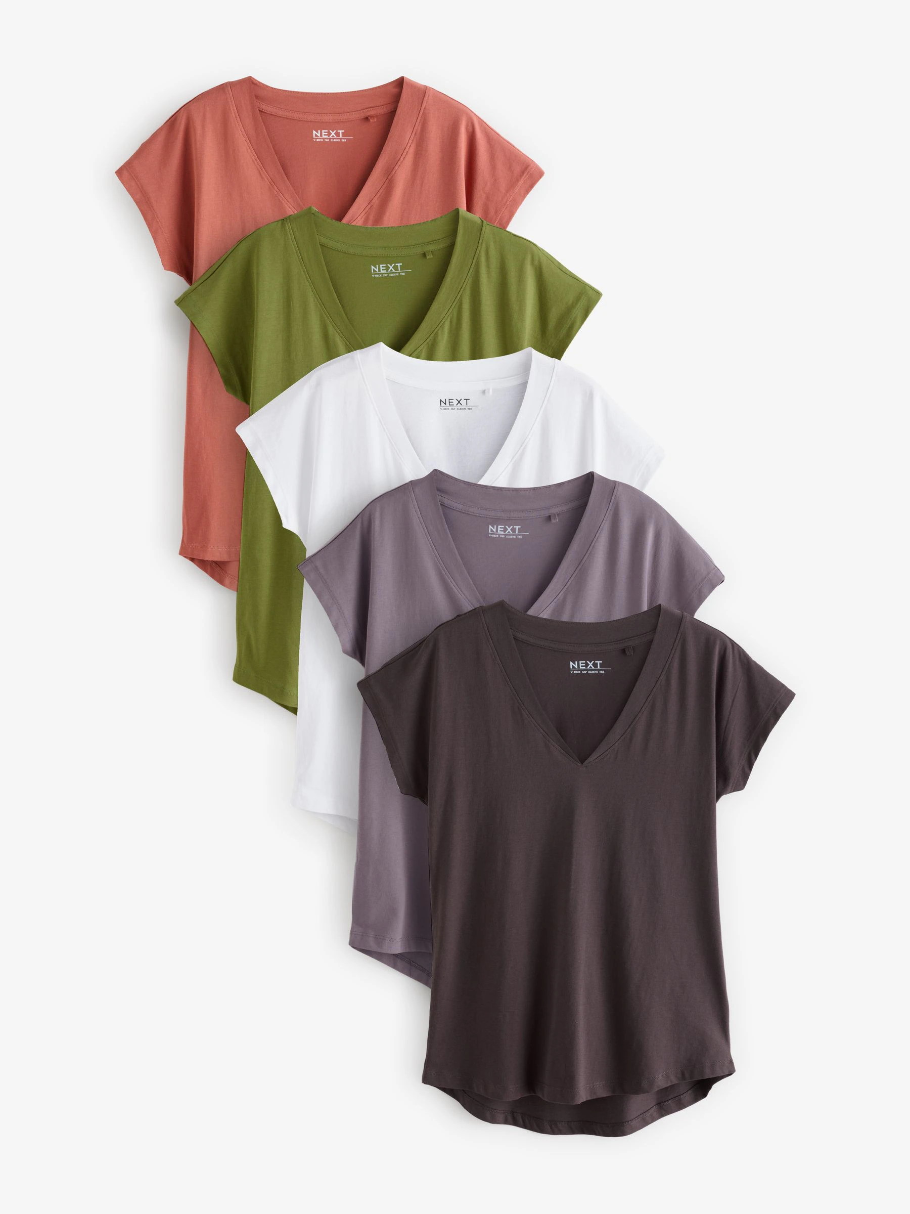 Wit/grijs/khaki/roest/bruin - Set van 5 T-shirts met V-hals en kapmouwen van 100% katoen