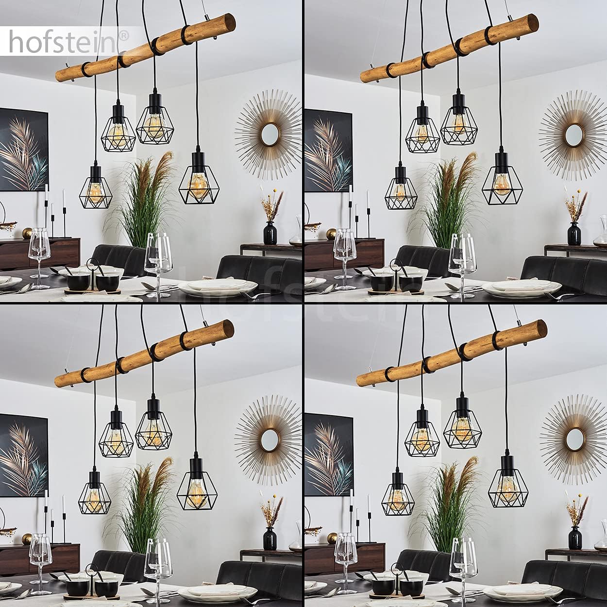 HOFSTEIN Pendelleuchte Seegaard, 4-flammige Hängelampe aus Metall in schwarz und Holz, Vintage/Boho Style Zimmerlampe, 4 x E27, Leuchtenköpfe individuell einstellbar, für Esszimmer, Wohnzimmer, Küche