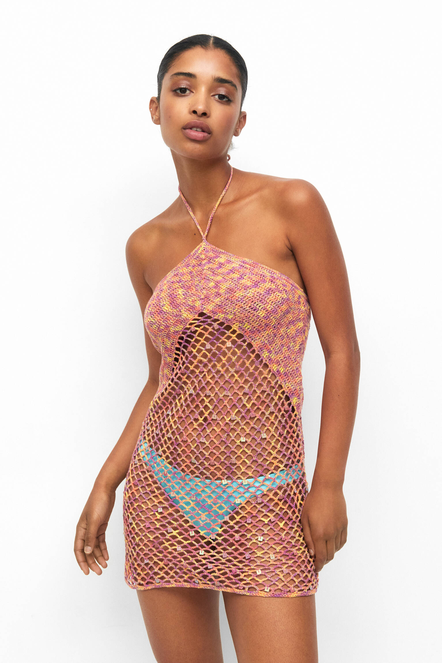 Vestido frente única de crochê com lantejoulas - Framboesa