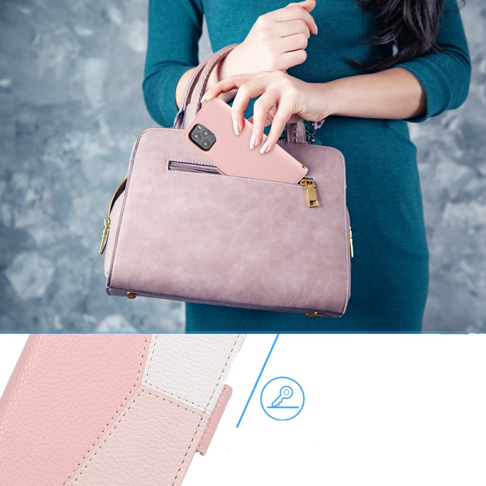 iPhone 13 Pro Leder Tasche Flip Cover Litchi Look mit Kartenfächern Geometrisches Design - Rosa / Weiss