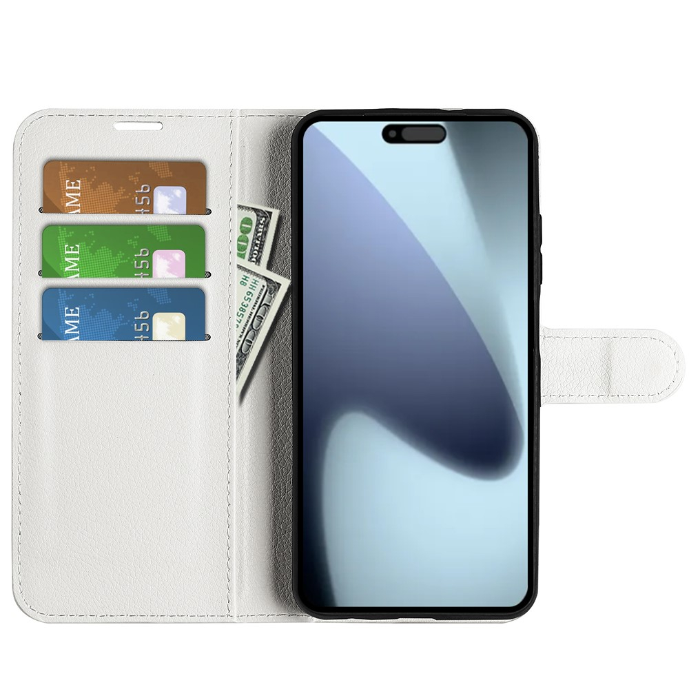 iPhone 17 Leder Tasche Flip Cover Litchi Look - Weiss