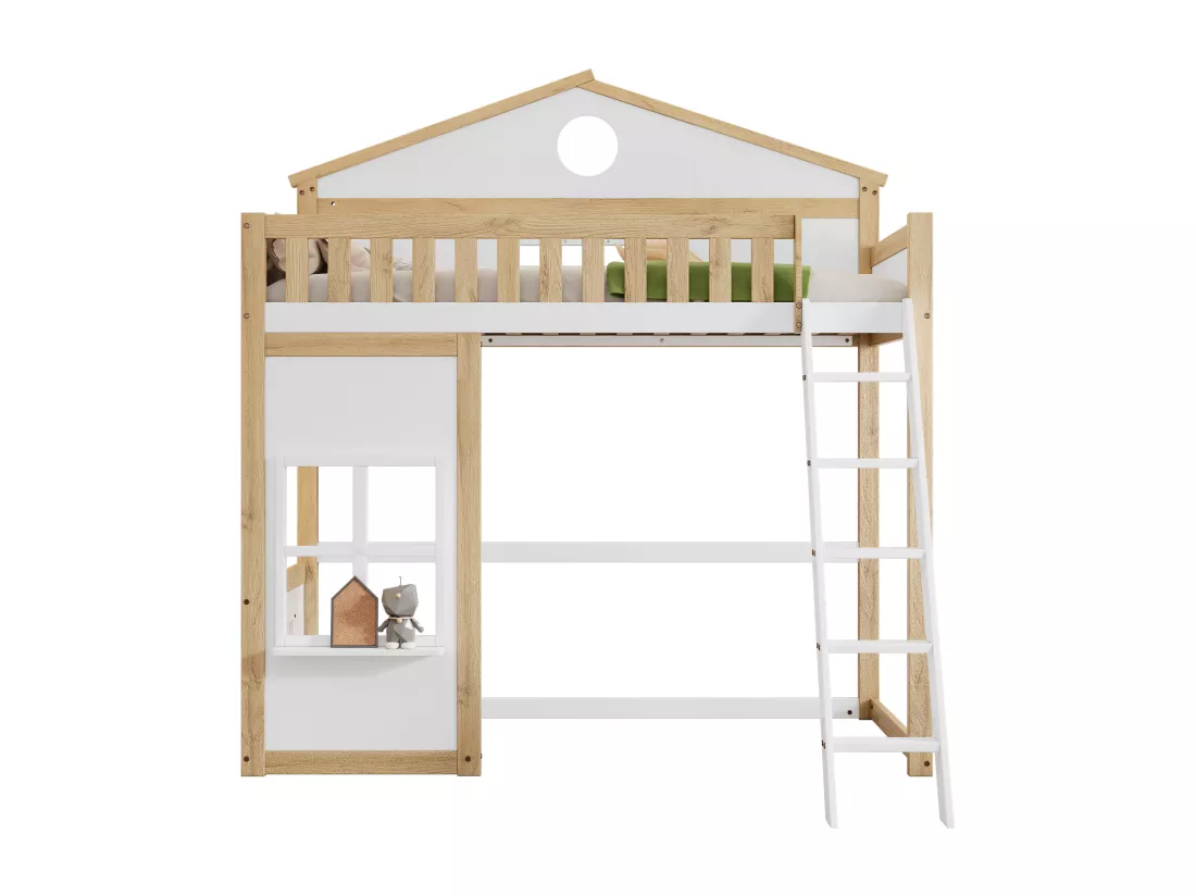 Lit superposé 90x200cm en bois - avec escaliert brrières de sécurité - Blanc & Naturel