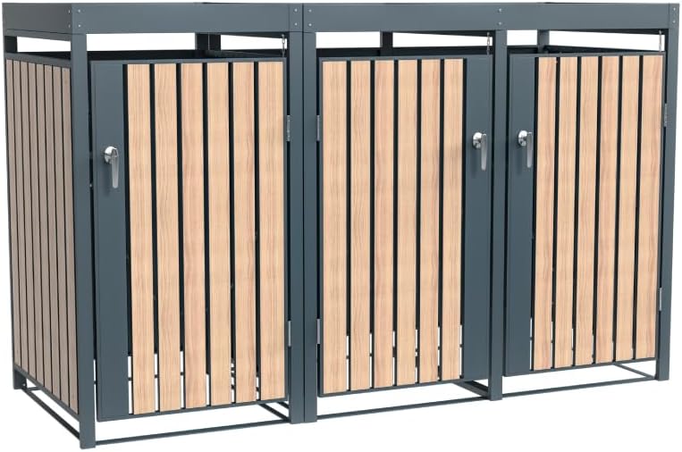 Westmann Metall Mülltonnenbox Planta 3x240 L Anthrazit Holzoptik Mülltonnenverkleidung mit Pflanzdach Pulverbeschichteter Stahl Abschließbare Flügeltüren Wetterfest & robust Mülltonnen Unterstand