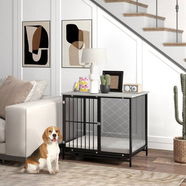 Hundebur til hjemmet, låsbar hundekennel med pute, hundebur med paller, hundehus for mellomstore hunder under 20 kg, grå, 88 x 55 x 71 cm
