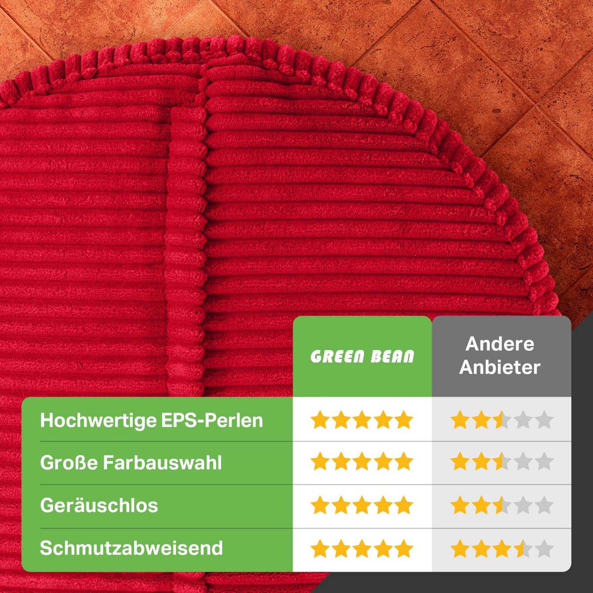 Groene bonen poef kussen 45x25cm met EPS kralen vulling & corduroy stof vloerkussen ligstoel kussen zitkussen poef fauteuil kinderen volwassenen stoffen kruk opbergruimte rood