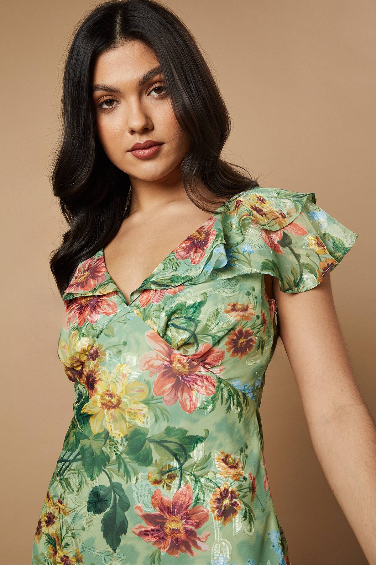 Oasis Robe Midi à Volants en Satin Dévoré Floral