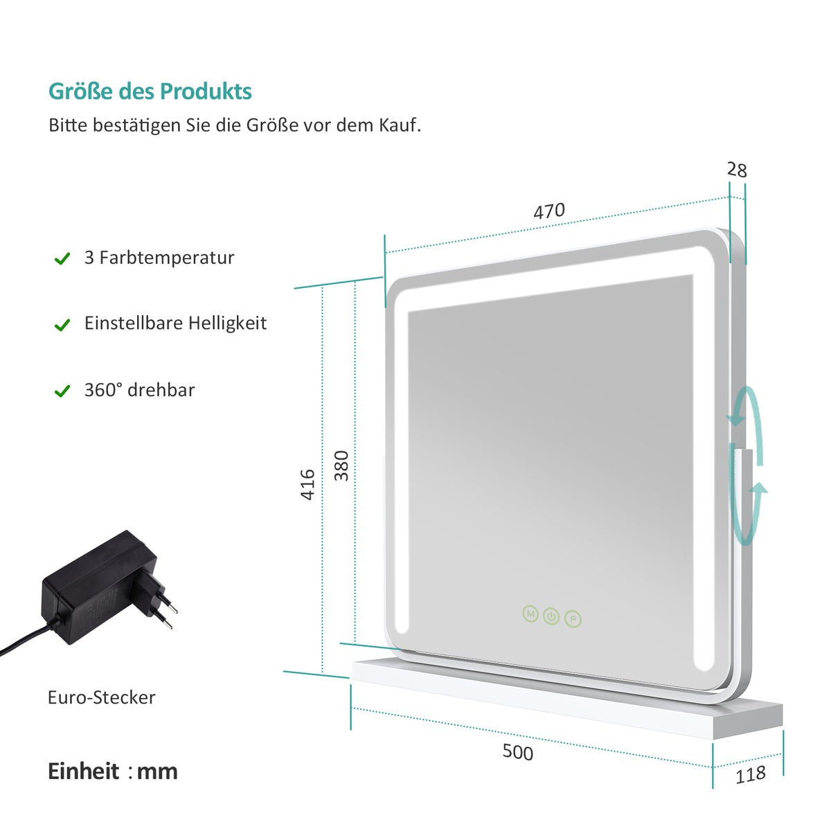 EMKE LED cosmeticaspiegel, vrijstaand model met touchschakelaar en geheugenfunctie, dimbare tafelspiegel 500x416mm, make-upspiegel 360° draaibaar, met 3 lichtkleuren, netvoeding, wit