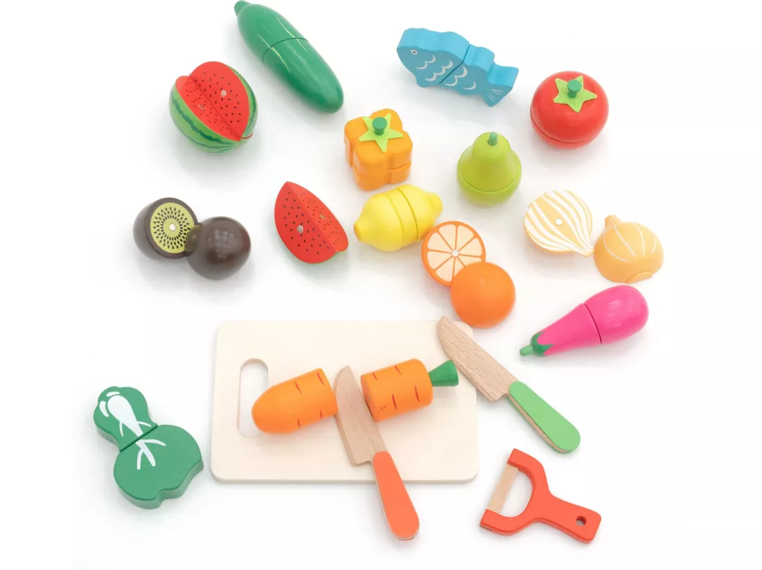 Dinette Plateau d'Aliments pour Enfants Montessori Robincool Eco Fruit en Bois Écologique 17 accessoires magnétisés
