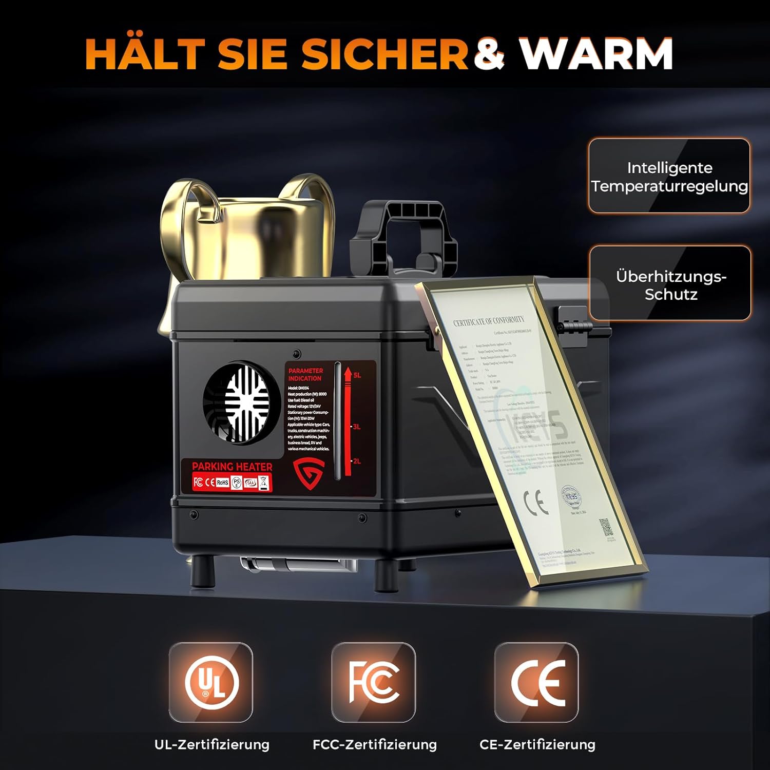 Dieselheizung 12V/24V 8 kW, All-in-One 5L Diesel Standheizung mit Bluetooth APP Fernbedienung und LCD Bildschirm, geeignet für Zuhause, Werkstatt, Garage, Wohnmobil, LKW, RV, Schwarz