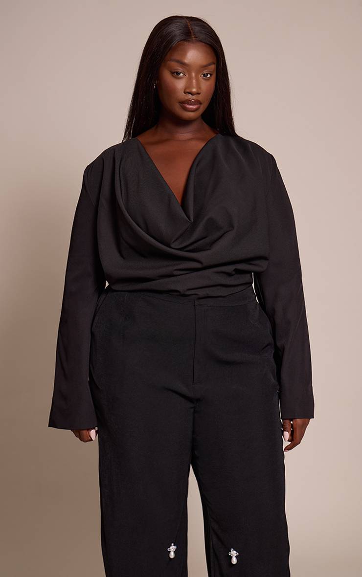 Noir Haut Grande Taille Drapé Tissé À Décolleté Plongeant