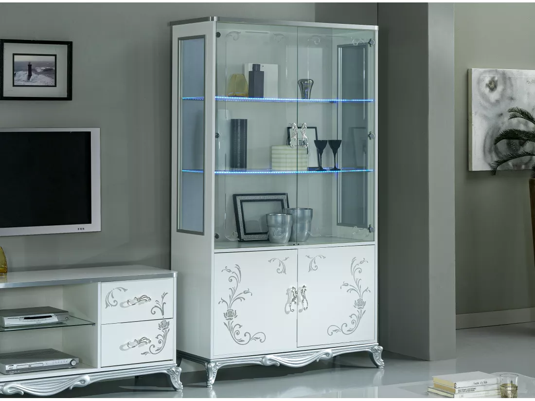 Vitrine à LED 4 portes bois laqué blanc et argent Dannie