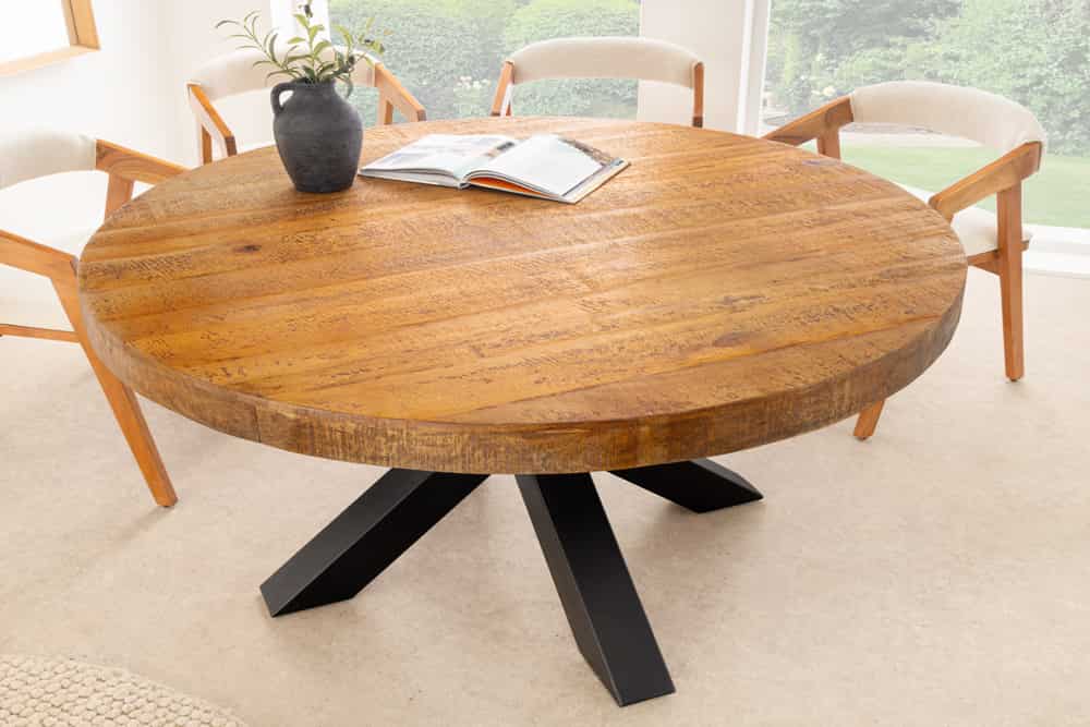 Runder Esstisch THOR 140cm natur massives Mangoholz schwarzes Metallgestell