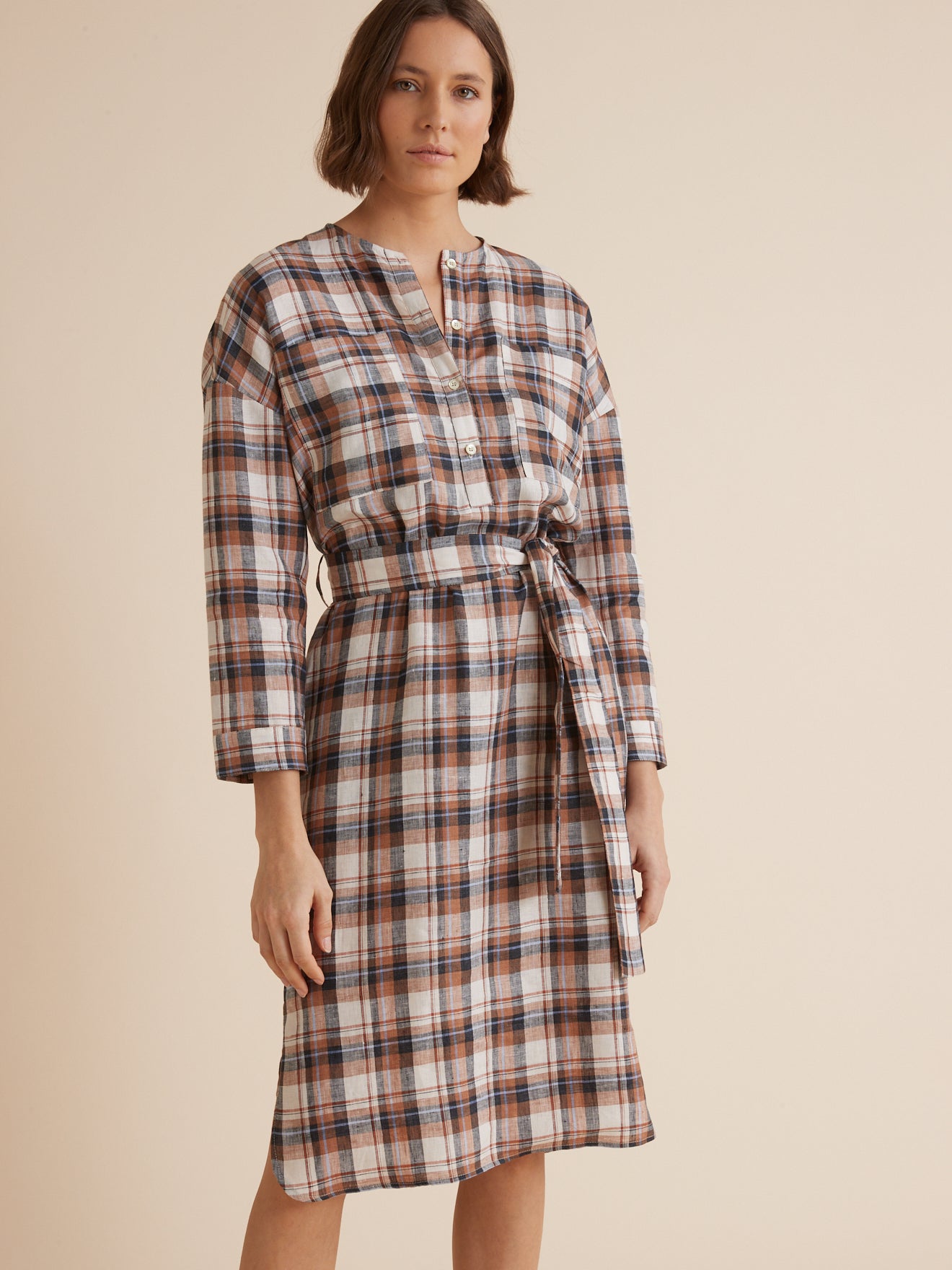 Robe-housse carreaux femme en lin