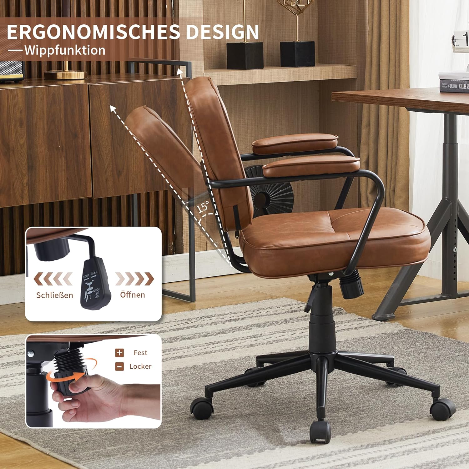 Bürostuhl mit Wippfunktion, PU-Leder Drehstuhl im modernen Retro-Stil, Höhenverstellbarer Schreibtischstuhl für Home Office, Liebhaber des Retro-Stils (Dunkelbraun)