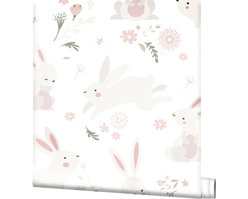 Vliesbehang 45860 Kindermuren Konijnen roze grijs wit