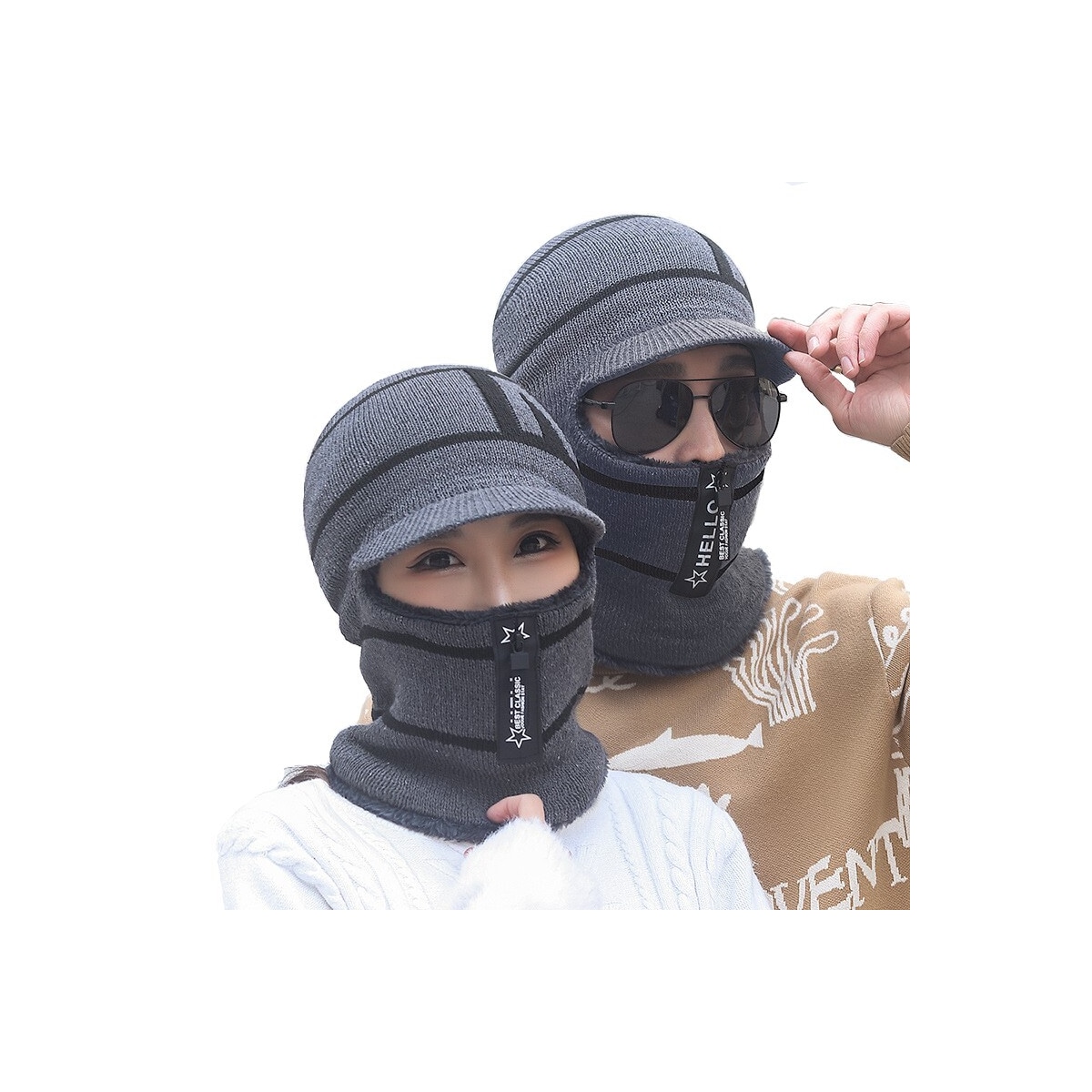 Unisex Balaclava - Strikket ansiktsmaske med glidelås og hette Grå