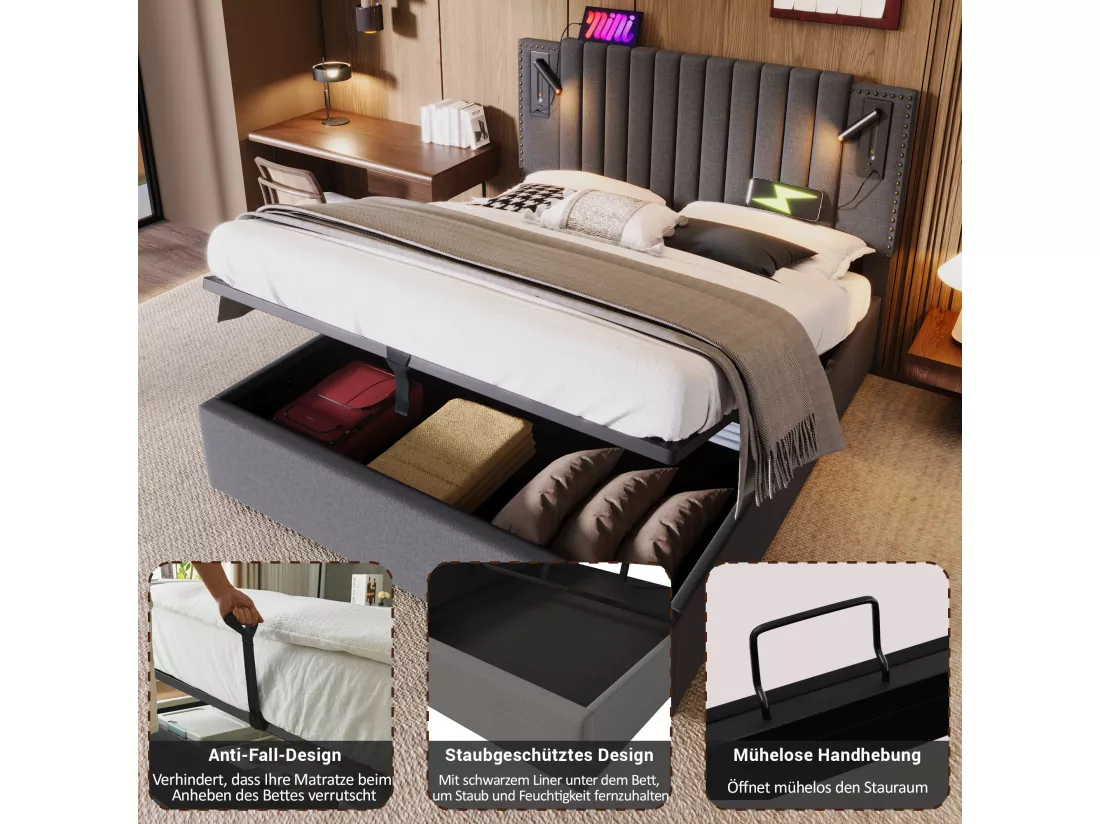 Lit coffre 180 x 200 cm avec tête de lit - Prises USB et lampe de lecture - Tissu en coton - motif rivet - Gris (sans matelas)