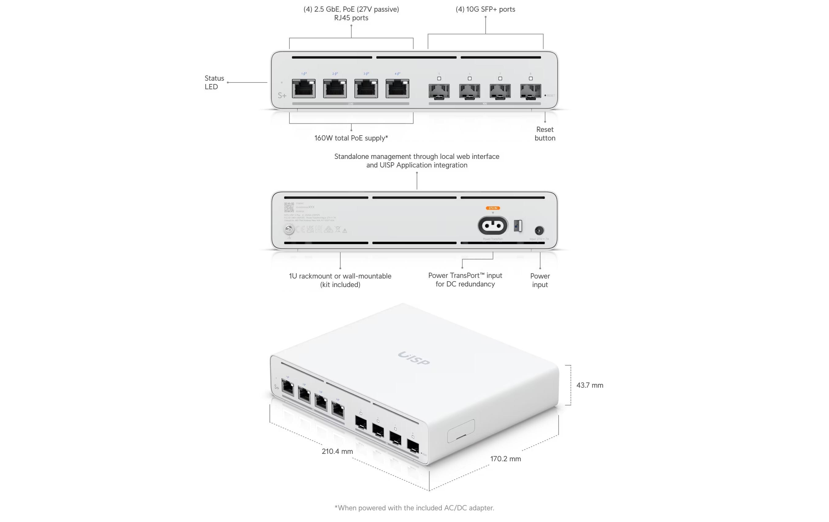 Passiv PoE Switch UISP Switch Plus UISP-S-Plus 4 Port<br>Netzwerk-Switch mit 27V DC, 7.04A und PoE 160W Netzteilen, inklusive Wandhalterung Kit und 1U Rack Kit