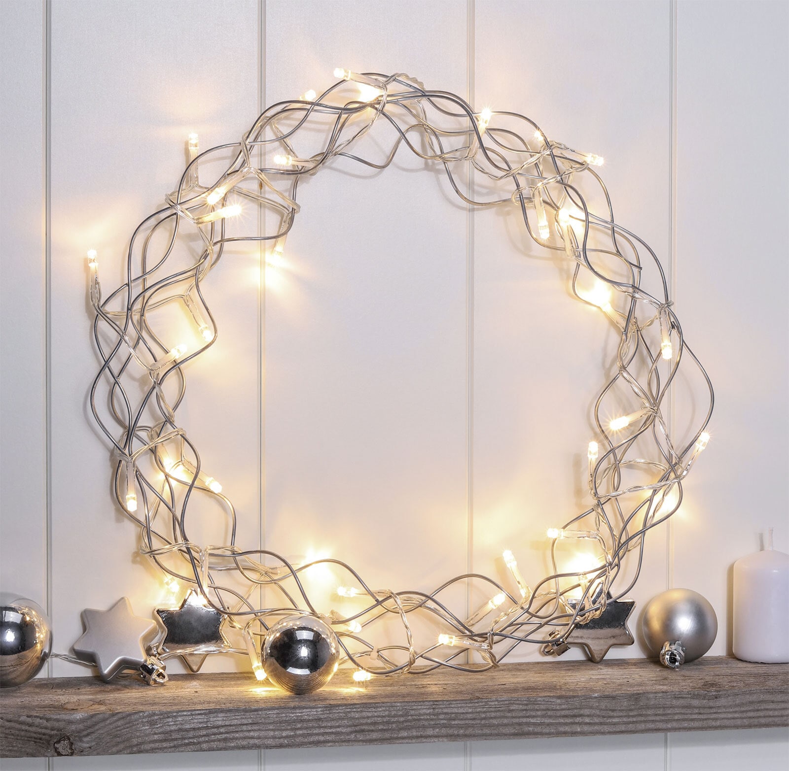 LED Lichtobjekt Kranz silberfarbig 30cm 40LEDs warmweiß batteriebetrieb Metall Weihnachten