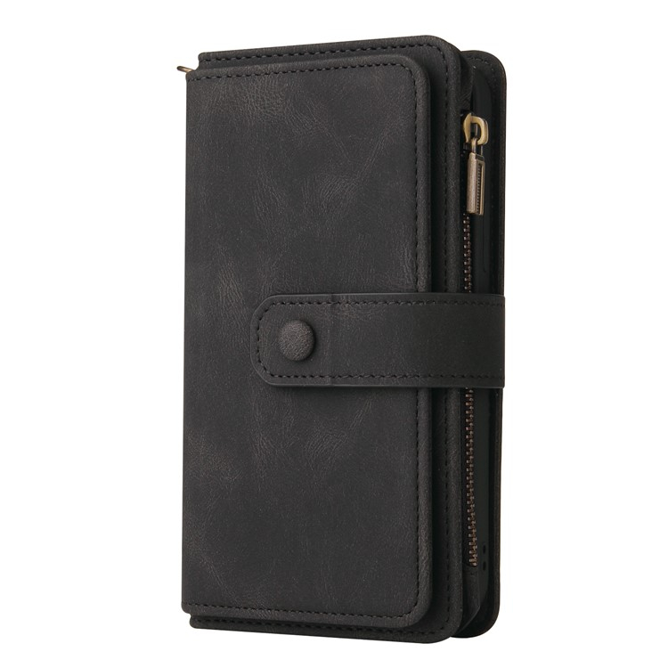 iPhone 16e Leder Tasche Flip Cover Kartenfächer mit Druckknopfverschluss   Handschlaufe - Schwarz