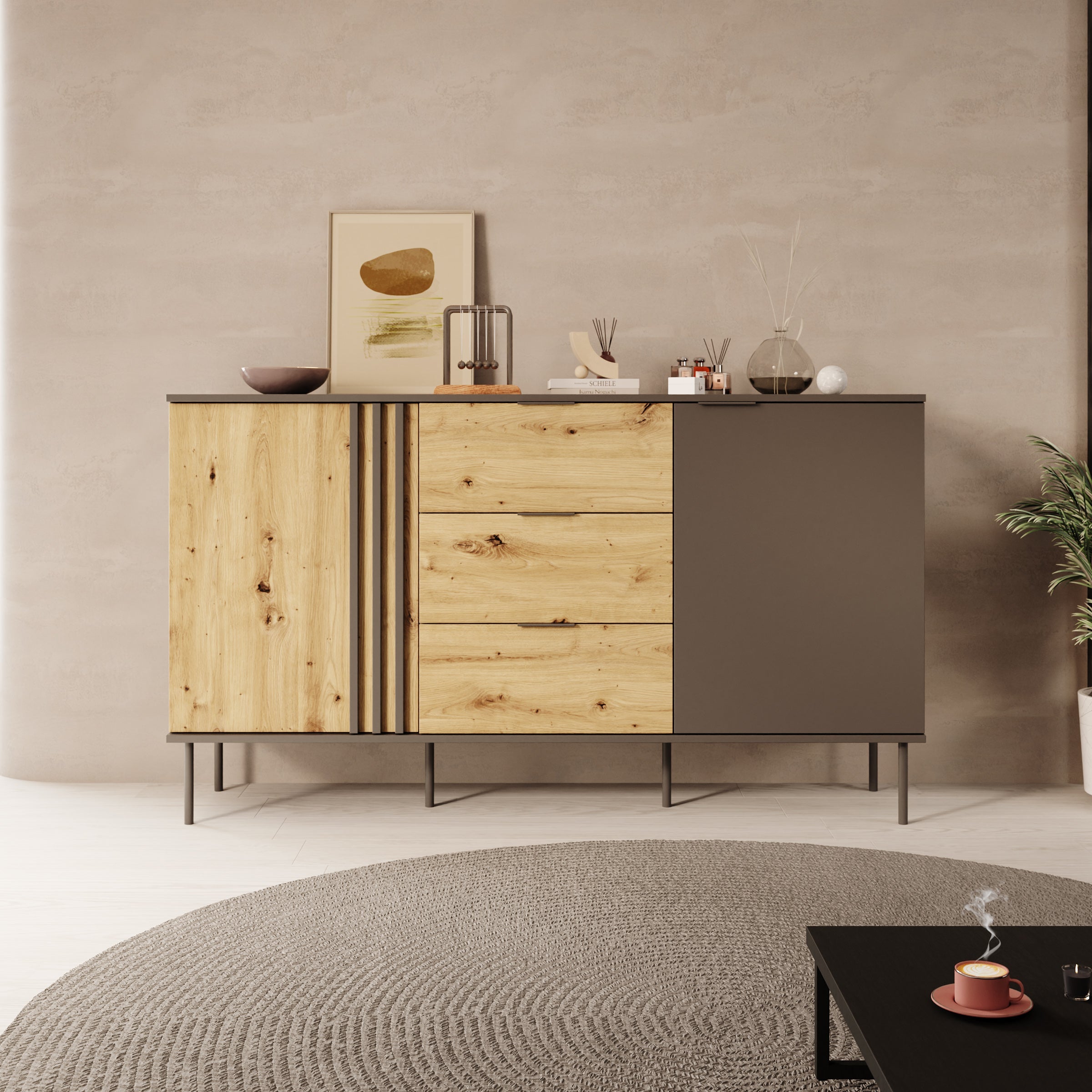 Meubella - Rogan - Dressoir - Zwart - 160x40x92 cm