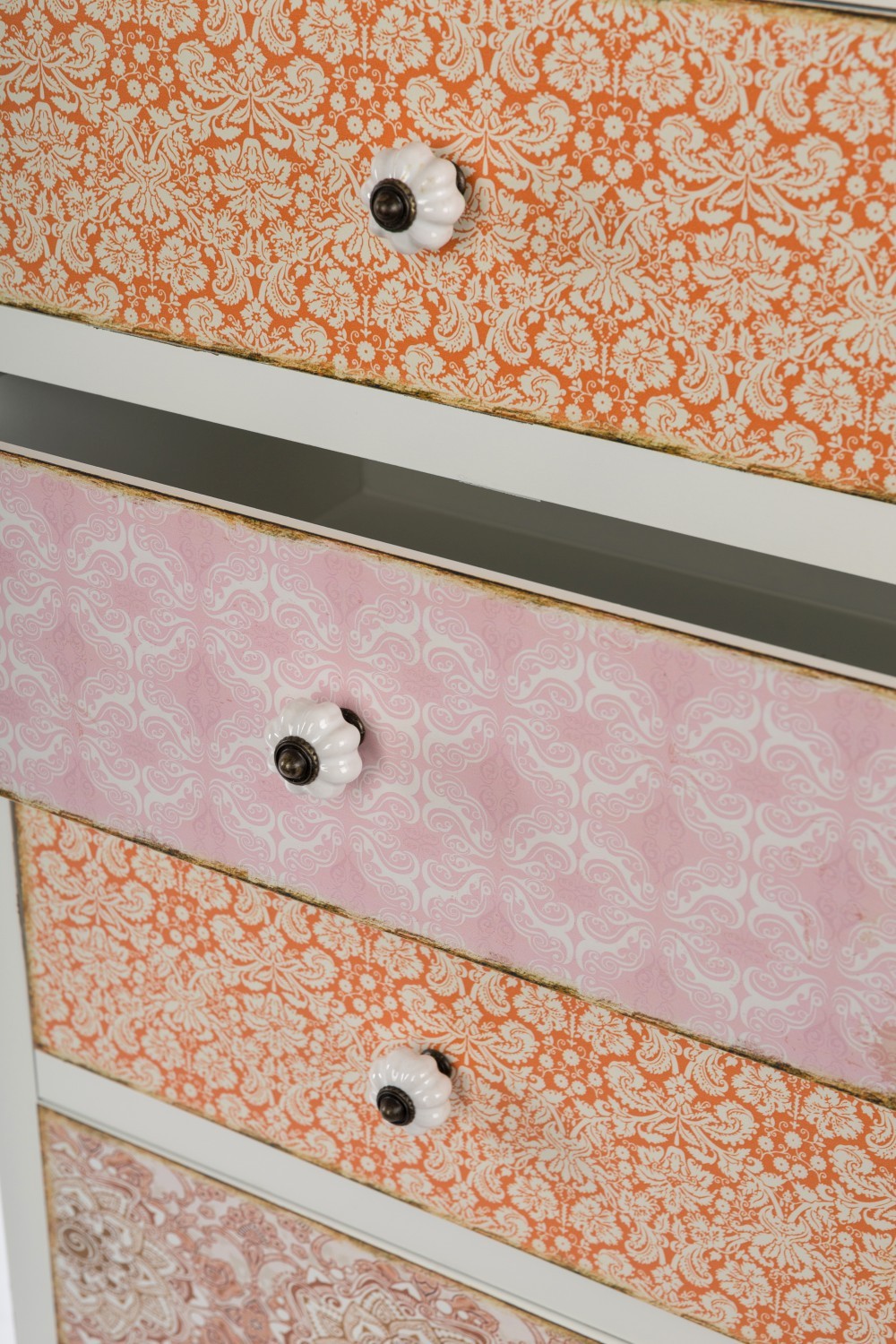 Kommode Paisley - shabby chic - weiß-bunt - mit 6 Schubladen